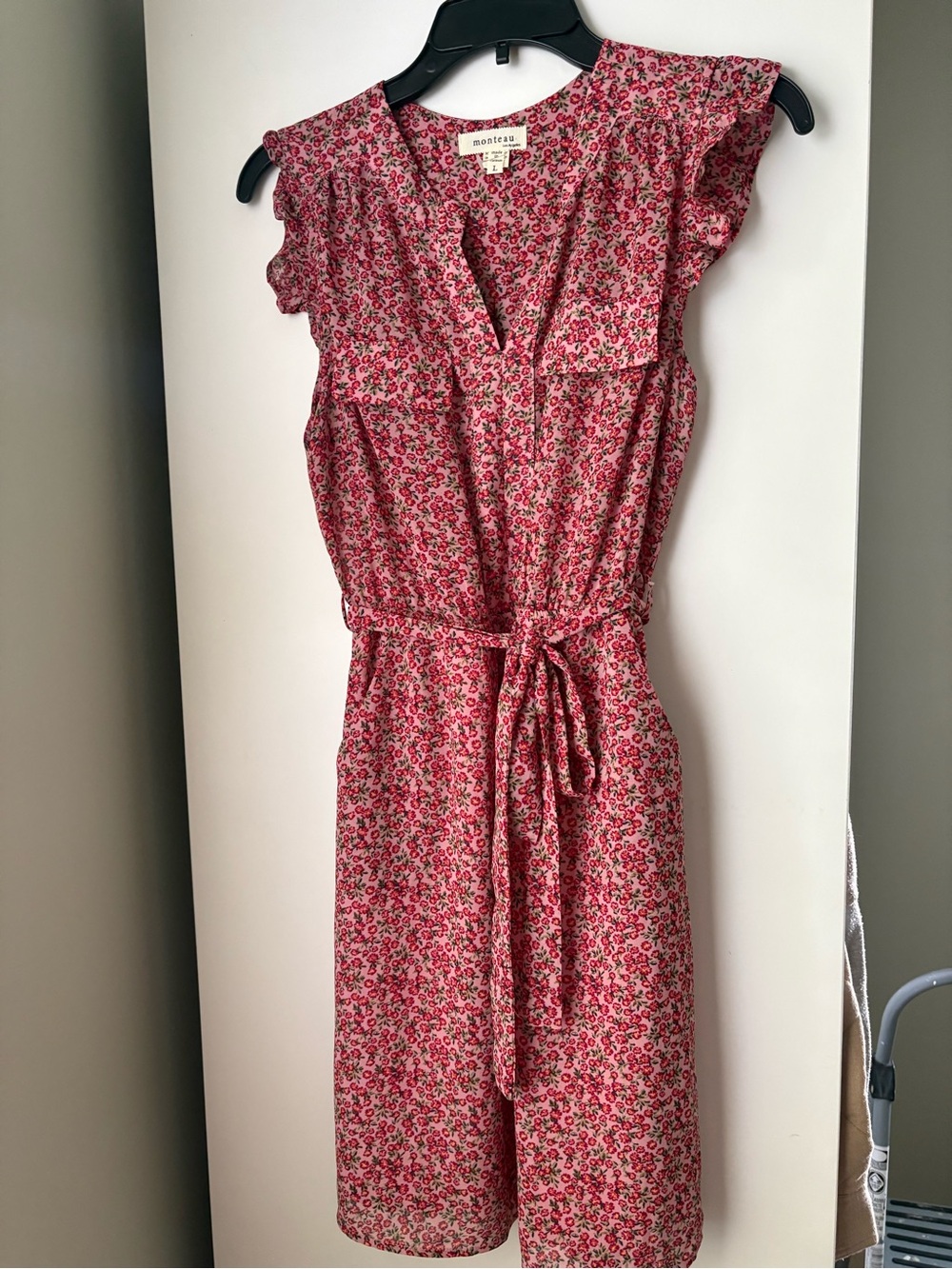 Monteau Pink Floral Mini Dress with Tie Waist